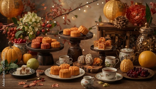 Moon cake on white background, Chinese mid-autumn festival food. Moon cake for Mid-Autumn Festival on rustic wooden background