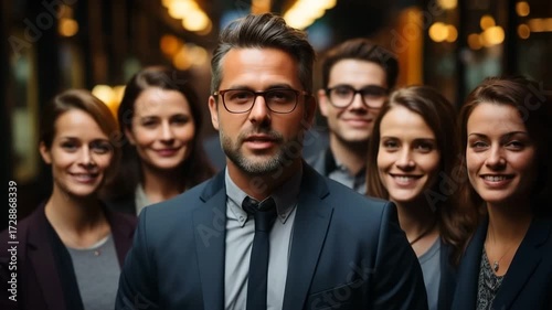 Confident business team with a leader in front people