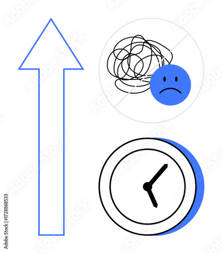 Blue upward arrow symbolizes growth, clock represents time management, crossed-out sad face with scribble shows overcoming stress. Ideal for self-improvement, planning, positivity, productivity