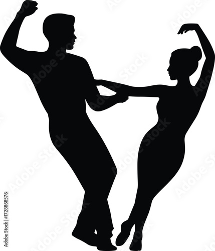  Silhouette of dancing couple performing elegant ballroom dance pose, romantic man and woman holding hands, graceful movement, isolated vector illustration on white background, art design