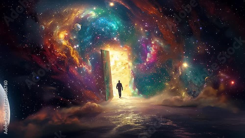 man walking into fantastic world through open door, new beginnings and new life, gate to heaven, afterlife and paradise concept 4k