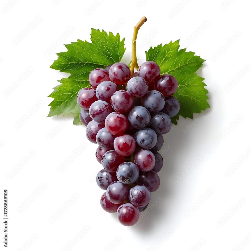 Fototapeta premium Fresh bunch of red grapes with green leaves isolated on white background