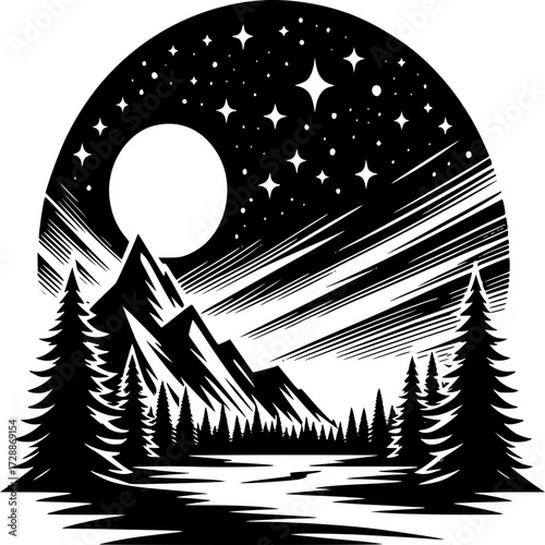 Serene Nightscape: A monochromatic artistic rendering depicts a peaceful mountain scene.