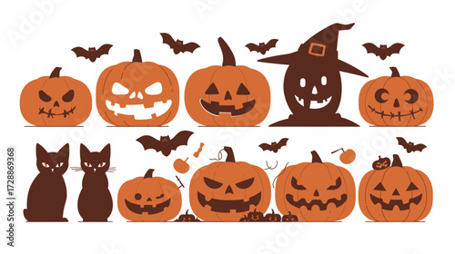 Bright orange pumpkins with various faces are arranged alongside playful black cats and flying bats, creating a fun Halloween scene perfect for decorations and celebrations.
