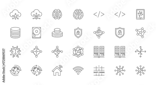 Modern Technology and Data Infrastructure Line Icons Set Exploring Cloud Computing, Artificial Intelligence, Cybersecurity, and Network Connectivity Concepts