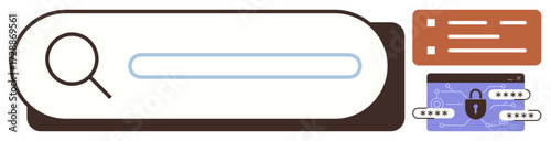 Magnifying glass over search bar, secure login form with password lock. Ideal for web navigation, security, online forms, data privacy, browsing, user authentication, simple flat metaphor