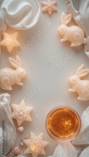Cup of tea and cookies on white marble table, flat lay. Top view of christmas cookies and star shaped candies and glass of orange juice on white background