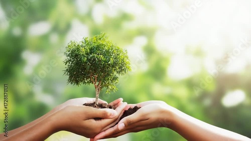 Hands exchanging a small tree with soil plant growth