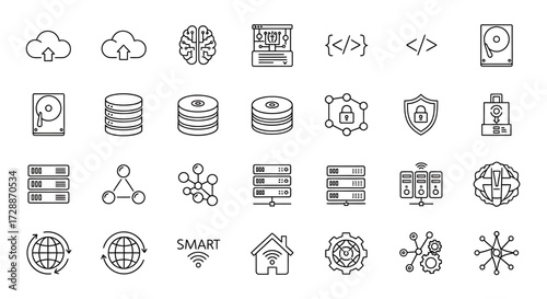 Discover a versatile set of minimalist line icons showcasing modern technology, data management, and network infrastructure, ideal for digital transformation and innovation projects