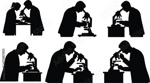 A set of scientist silhouettes using a microscope and taking notes, representing research, science, and education.