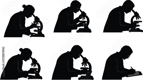 A set of scientist silhouettes using a microscope and taking notes, representing research, science, and education.