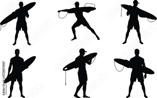 A set of male lifeguard silhouettes with rescue cans and a swimmer, representing rescue, safety, and water sports.
