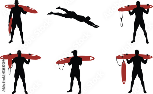 A set of male lifeguard silhouettes with rescue cans and a swimmer, representing rescue, safety, and water sports.
