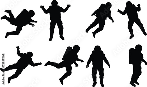A set of astronauts in space suits floating, representing space exploration, science, and a futuristic lifestyle.