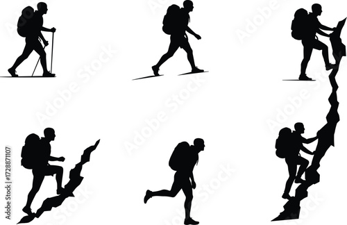 A set of male hikers and climbers' silhouettes in various poses with backpacks, representing adventure, nature, and sports.