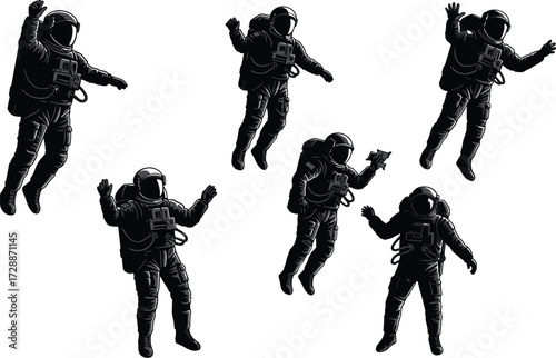 A set of astronauts in space suits floating, representing space exploration, science, and a futuristic lifestyle.