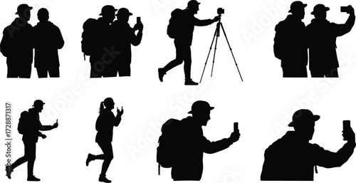 A set of silhouettes of hikers and tourists taking selfies and photos with phones on a white background.