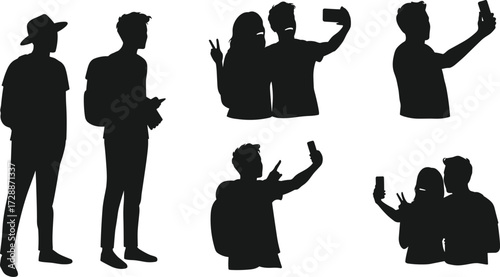 A set of silhouettes of young people taking selfies and standing with phones on a white background.
