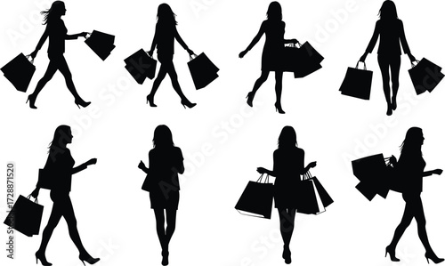 Silhouette set of a woman carrying shopping bags, isolated on a white background, representing consumerism and retail therapy.