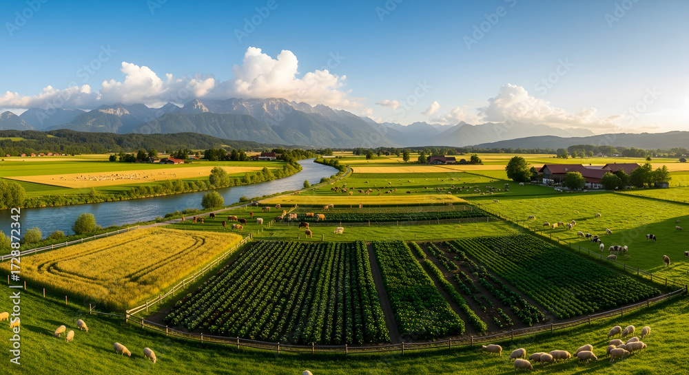 Fototapeta premium Panorama of the Fertile Valley: A breathtaking landscape unfolds, revealing meticulously cultivated farmlands, a meandering river, and towering mountains under a brilliant blue sky.