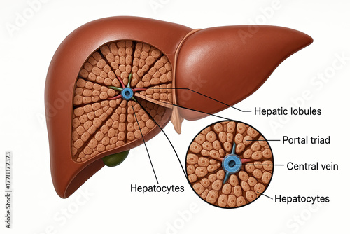 Detailed illustration of the human liver anatomy, showing hepatic lobules, portal triad, central vein, and hepatocytes.