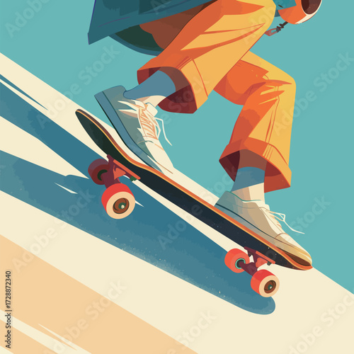 A skateboarder skillfully rides down a sloping surface, showcasing vibrant orange pants and classic white sneakers, enjoying the sunny day outdoors with a relaxed style.