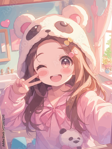 A girl smiles happily while taking a selfie, wearing a panda hat and pink pajamas. The bright room has cute decorations and soft lighting, creating a warm atmosphere.