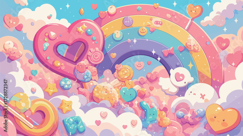 The scene shows a vibrant fantasy landscape with clouds, a rainbow, and whimsical icons like hearts and candy. It conveys a playful and joyful mood with bright colors.