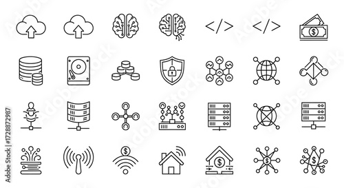 Comprehensive collection of linear technology icons, depicting essential concepts such as cloud computing, data security, network infrastructure, AI, and digital connectivity