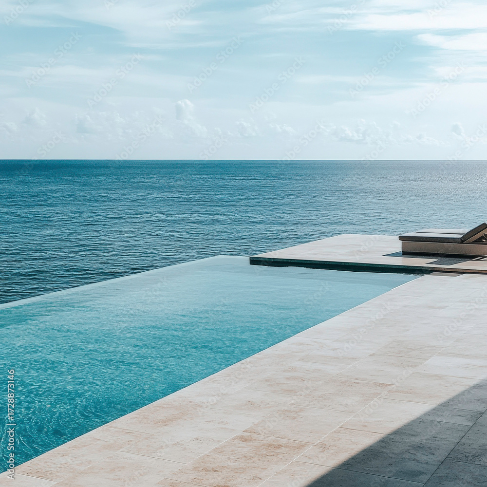 Fototapeta premium A pool with a beach view and a lounge chair. The pool is surrounded by a white tile floor and the water is calm