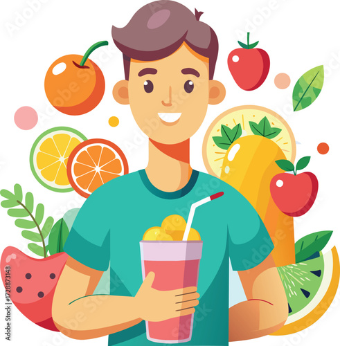Smiling Young Man Enjoying Healthy Vitamin Smoothie Surrounded by Fresh Fruits
