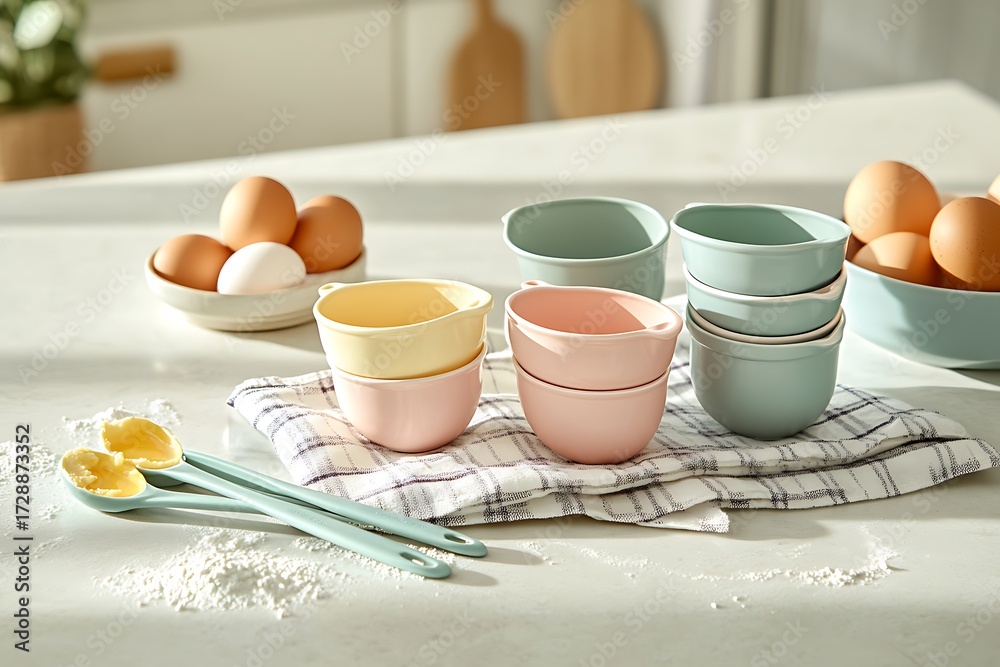 custom made wallpaper toronto digitalA pastel-toned ceramic measuring cup set arranged on a checkered linen tea towel, with flour-dusted countertops, measuring spoons, and an egg ready to be cracked in the background