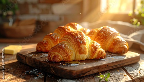 Golden, flaky croissants dusted with sugar, honey, and butter, bathed in warm morning light on a rustic board.