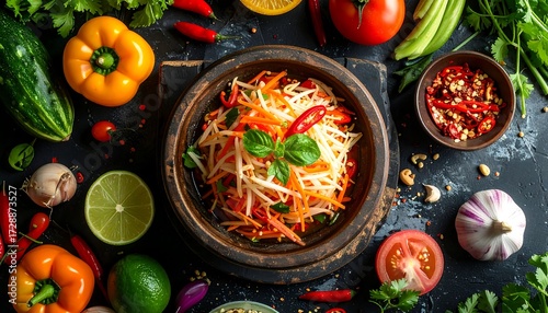 Spicy Thai green papaya salad (Som Tum) in a clay mortar, surrounded by vibrant vegetables.