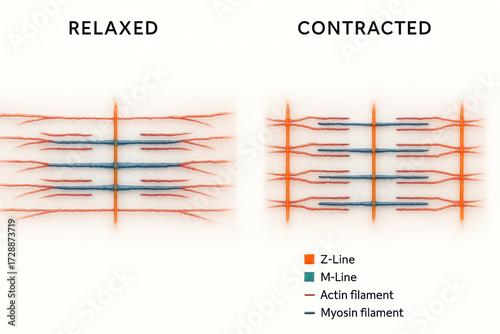Illustration showing relaxed and contracted muscle filaments with labels for Z-lines, M-lines, actin, and myosin