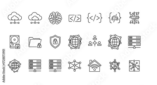 Comprehensive set of modern line icons depicting data, cloud computing, network infrastructure, cybersecurity, artificial intelligence, and software development, ideal for digital projects