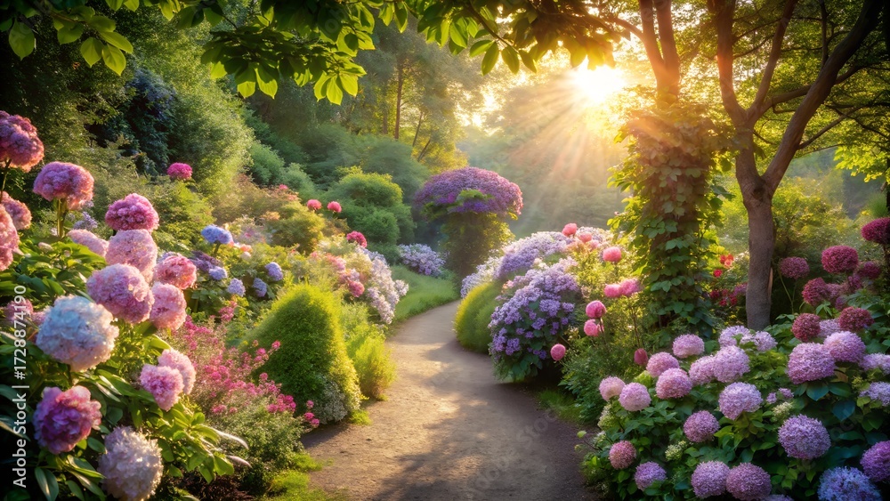Obraz premium Sunlit Path Through a Lush Hydrangea Garden in Full Bloom