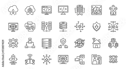Cloud computing, data network, and cybersecurity technology line icons set, illustrating digital infrastructure, information systems, and secure IT solutions