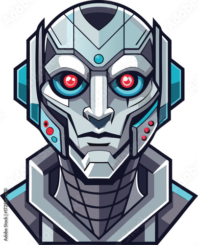 Futuristic Cyborg Robot Head Portrait with Red Eyes AI Technology Concept