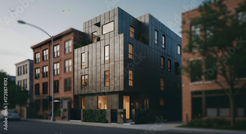 An urban townhouse with a sleek, metallic exterior