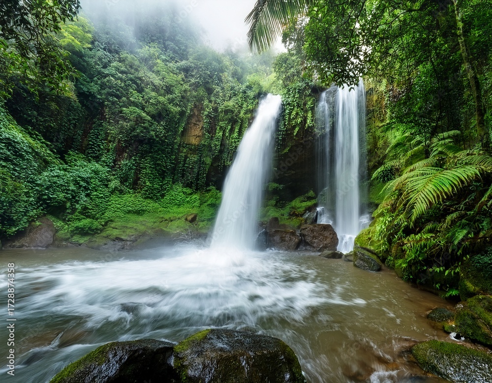 Fototapeta premium lush jungle waterfall after tropical rain image