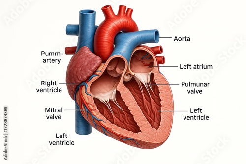 Anatomical illustration of a human heart with labels indicating its different parts including aorta, pulmonary artery, left atrium, pulmonary valve, left ventricle, right ventricle, and mitral valve.