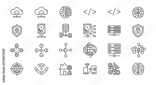 Comprehensive collection of line icons illustrating modern digital technology concepts, cloud computing, artificial intelligence, data security, and the Internet of Things infrastructure