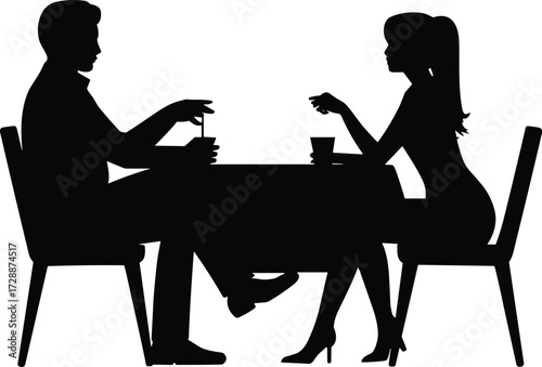 Silhouette of man and woman sitting together at table in restaurant, drinking beverages, romantic dinner date, social interaction, communication, lifestyle concept