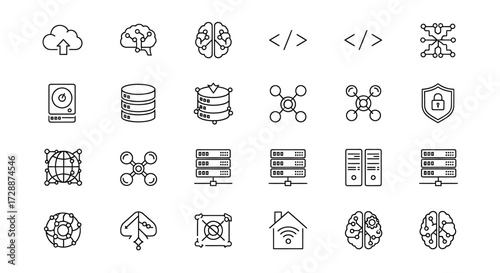 Digital Technology Icons Set Cloud Computing, Artificial Intelligence, Data Security, Network, Servers, Smart Home. Clean line art for modern innovation concepts
