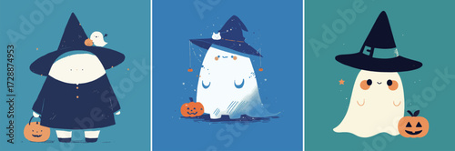 Three adorable ghost characters wear witch hats and hold pumpkins, showcasing a festive Halloween theme filled with whimsy and fun on a vibrant background.