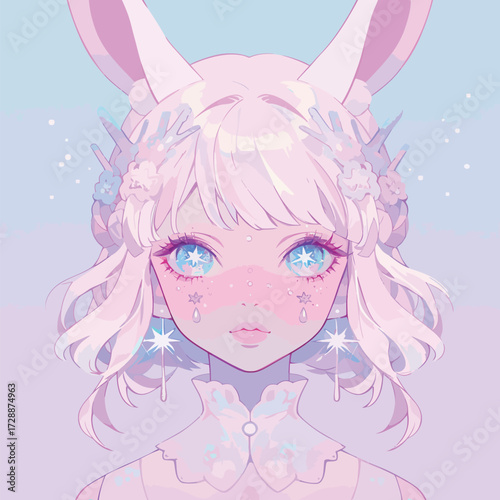 A young girl with bunny ears gazes softly with sparkling blue eyes. Her hair is styled in soft waves, adorned with flowers, in a pastel-themed scene.