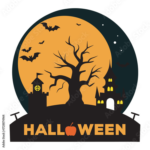 Halloween party banner fullmoon haunted house pumpkins and bats