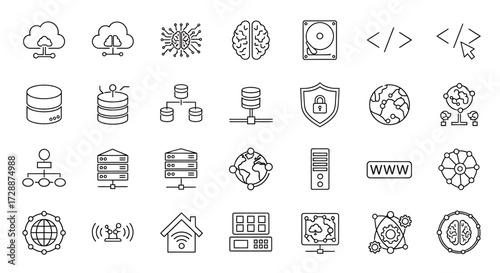 Dynamic digital concepts whisked into a comprehensive line icon set cloud computing, data management, network infrastructure, and cybersecurity essentials