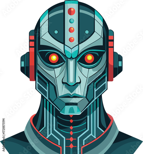 Vigilant Robot Face Mascot with Intense Red Eyes and Futuristic Design
